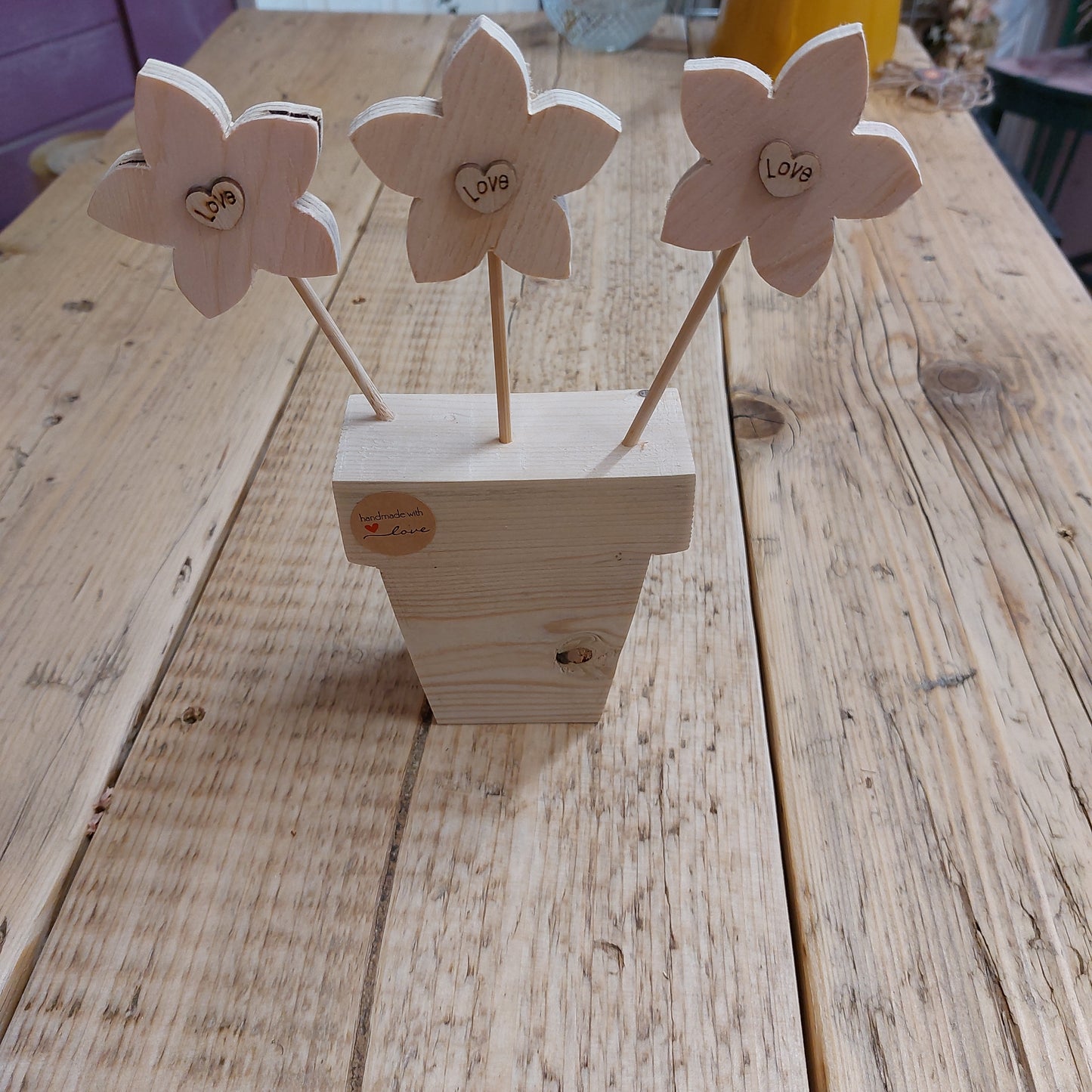 Handmade Wooden Flower Pot with 3 flowers