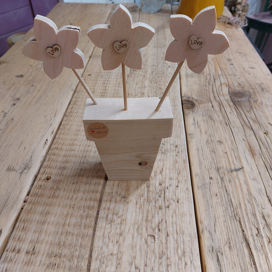 Handmade Wooden Flower Pot with 3 flowers