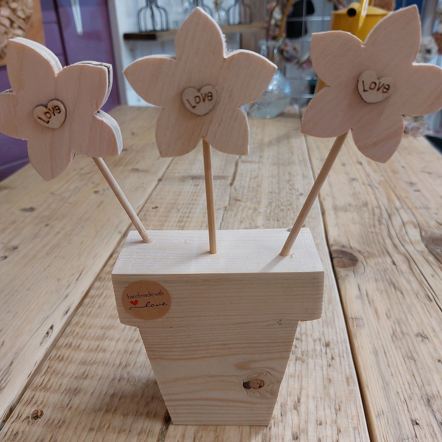 Handmade Wooden Flower Pot with 3 flowers